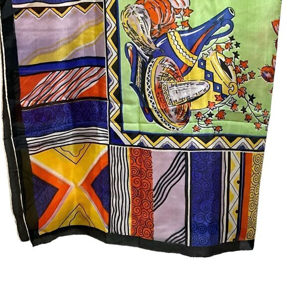 Scarf 100% Silk Mexican Fiesta Multi-Color Square Hand Rolled Hem 32” X 35” - Picture 9 of 10
